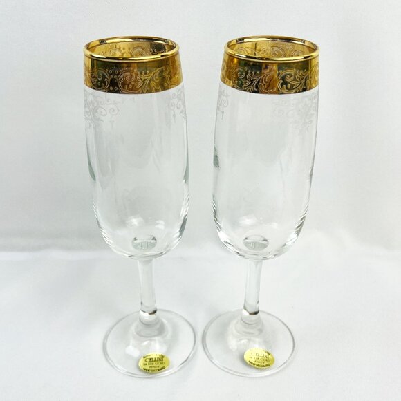 Cellini Wine Clear Champagne Flutes Etched Glasses 24K Gold Rims Italy 2 Pcs. - Picture 1 of 11